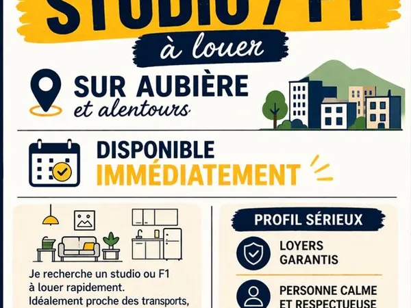 Urgent :Recherche studio ou petit appartement