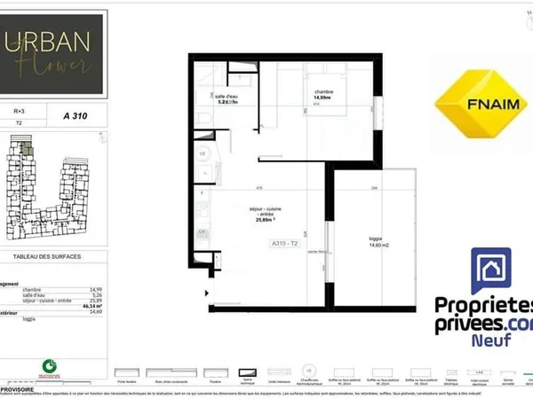 Appartement 2 pièce(s) de 46,14 m2 + sa loggia de 13 m2