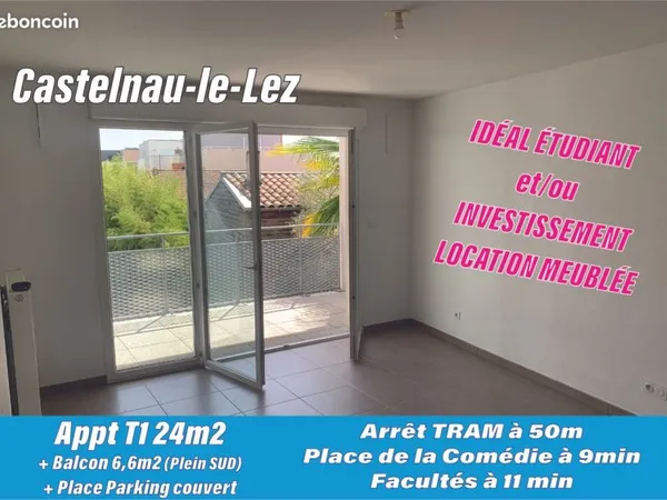 A vendre MONTPELLIER /CASTELNAU LE LEZ: Appt T1 24m2 + Balcon Plein SUD 6,6m2 + place parking couver