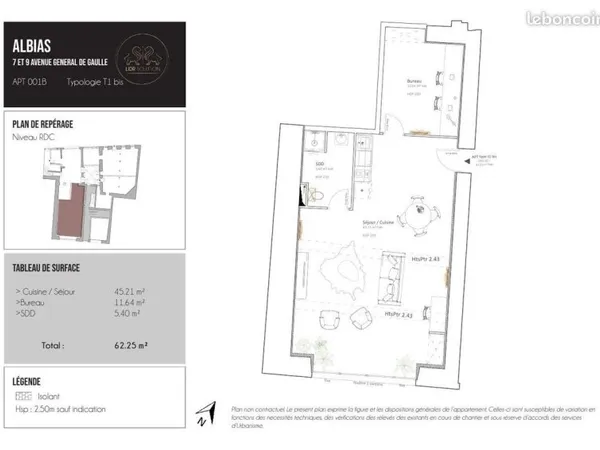 Appartement 1 pièce 62 m²