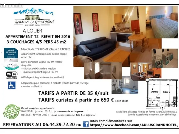Appartement standing T2 AULUS LES BAINS Residence Grand Hotel