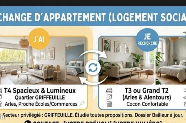 Urgent échange d'appartement t4 contre t3 ou grand T2