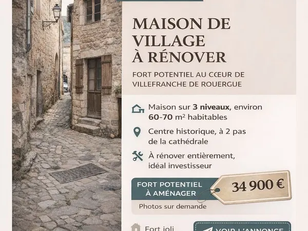 Maison de village 3 niveaux - fort potentiel - centre historique Villefranche de Rouergue