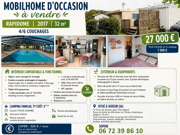 À Vendre Mobilhome à Surzur (56) Camping ouvert à l'année
