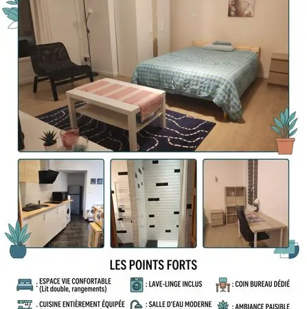 Studio meublé 37 m² - St Quentin - 400 + charges