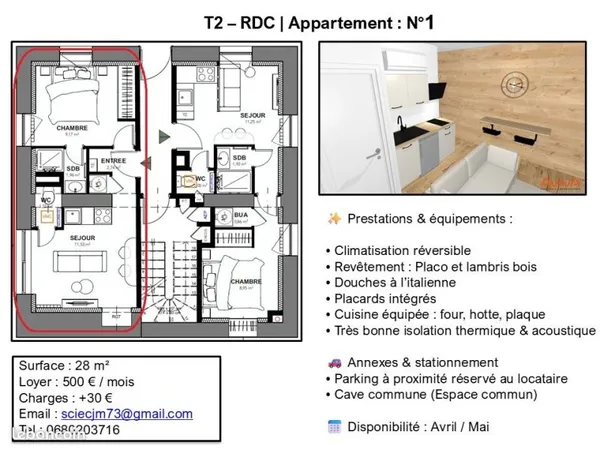 T2 rénové - 28 m² - RDC - Climatisation - Cuisine équipée