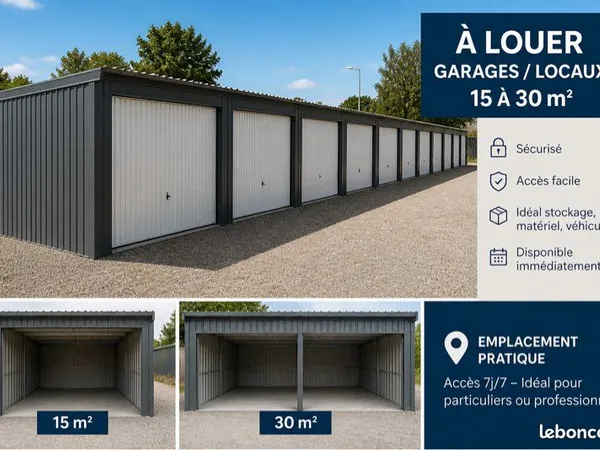 Garage / box à louer 15 à 30 m² - Accès facile - Extérieur sécurisé