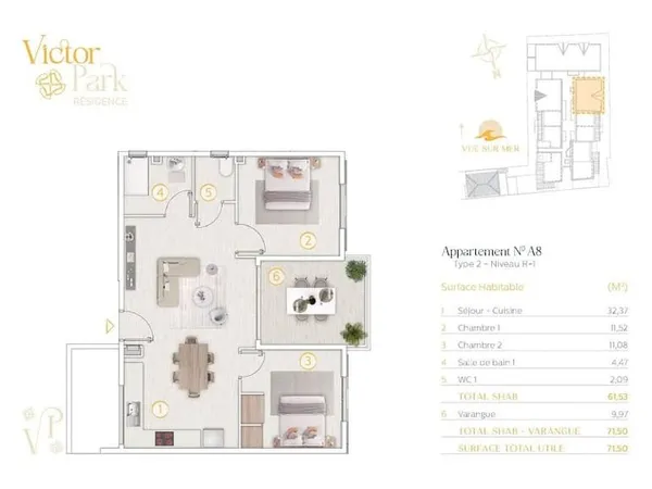 Appartement 3 pièces 62 m²