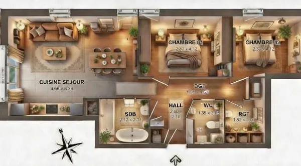 Grand T3 de 73m² habitables, exposé ouest, 2 stationnements inclus, offre commerciale en cours
