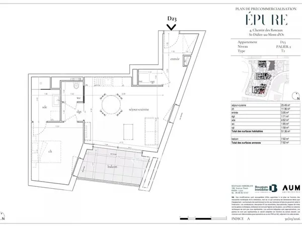 Saint Didier au Mont d'Or - Appartement de 51,36 m² - 1 chambre - Balcon de 7,92 m² - Garage en sous