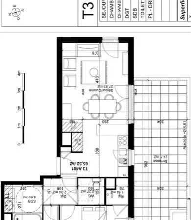 Avant dernier étage - T3 - 65m2 - terrasse 30m2 - parking