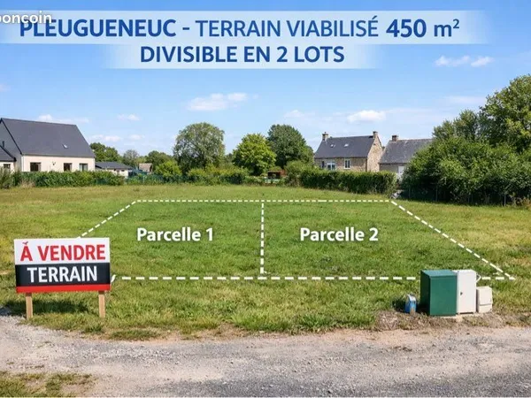 Terrain constructible viabilisé - 450 m² - divisible - Pleugueneuc