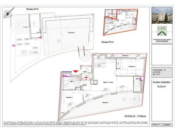 Duplex dernier étage 70,34m2 avec terrasses de 69m2 dont rooftop de 40,37m2