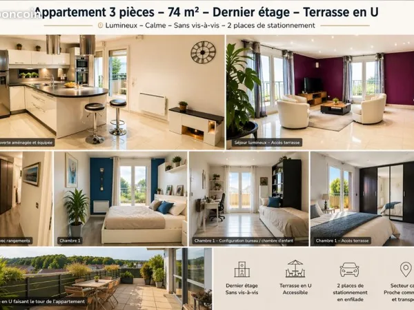 Appartement 3 pièces - 75 m² - Dernier étage - Terrasse en U - 2 stationnements - Épinay-sur-Seine