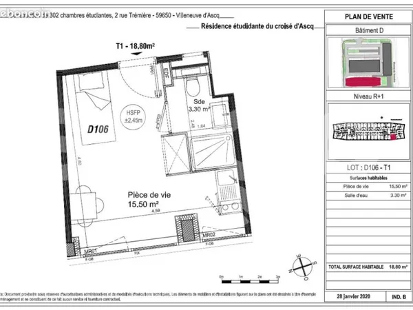 Studio 1 pièce 18 m²