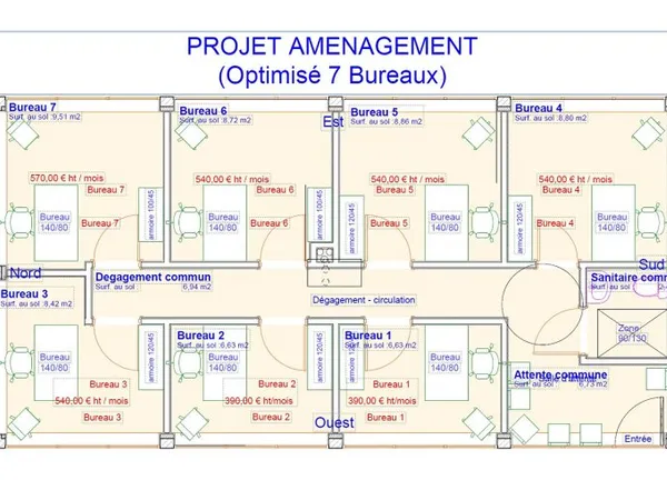Bureaux 3 pièces 76 m²