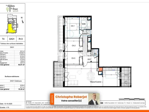 Appartement 4 pièces de 94m2 avec 2 balcons et 2 parkings privatifs à côté du Parc St Jacques à Beau