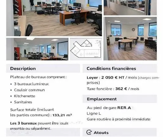 🏢 BUREAUX À LOUER 133 m², Cergy Saint-Christophe, au pied de la gare