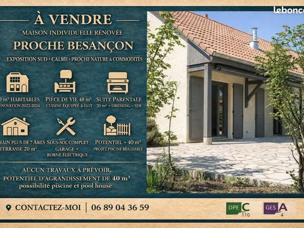 Maison individuelle 90 m² + sous-sol - Prête à vivre, proche Recologne - 15 minutes de Besançon
