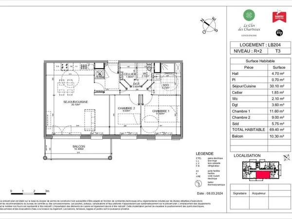Appartement T3 Longuenesse 70m² au 2ème étage avec terrasse de 10m² exposée sud/ouest