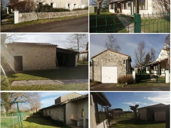 Maison et garage en pierre avec jardin clôturé