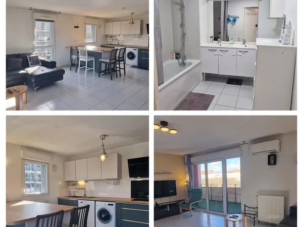 Chambre avec grand lit, bureau et rangement / appartement spacieux