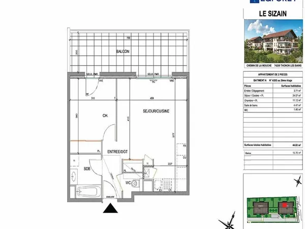 Appartement 2 pièce(s) 44.83 m2 Dernier Etage + Terrasse + GARAGE