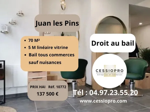 Droit au bail, 70 m2, 5 m linéaire vitrine, bail tous commerces sauf nuisances, Juan-les-Pins, empla