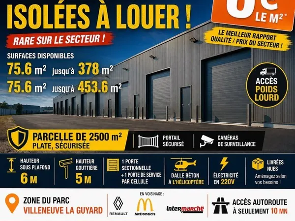 Local / Hangar industriel divisible 75,6 à 453,6 m² - Accès poids lourd - 6/m² - Zone du Parc