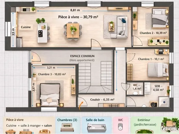 Appartement avec jardin t4 rdc