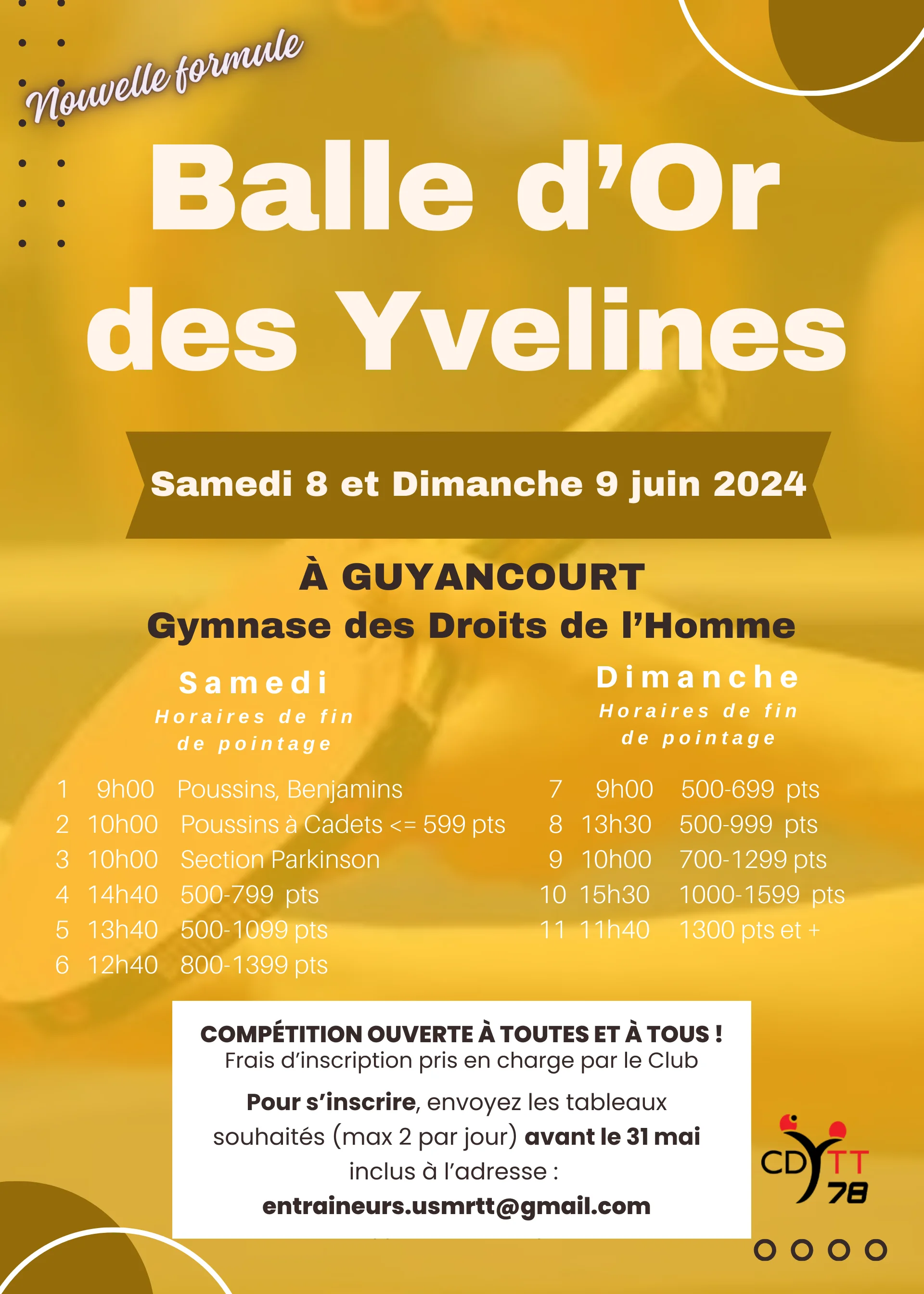 Inscription Balle d'Or des Yvelines ouvertes à toutes et à tous 8 et 9 juin 2024
