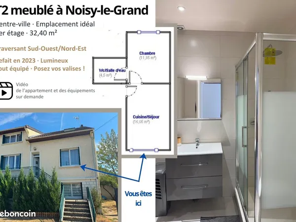 T2 meublé 1 chambre 32,40 m² - rénové 2023 - Noisy-le-Grand Centre