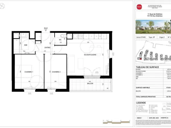 Appartement 3 pièces 59 m²