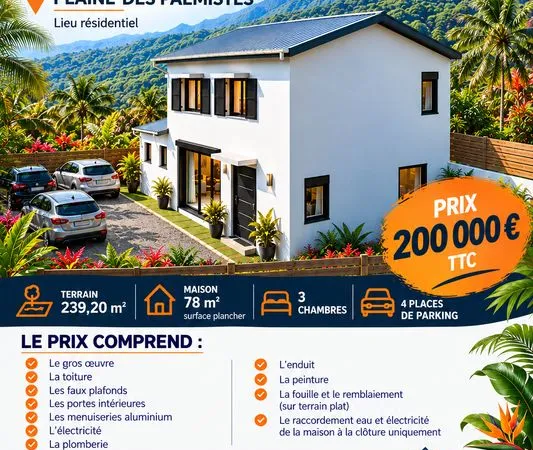 Terrain + maison neuve - 3 chambres - 78 m² - Plaine-des-Palmistes