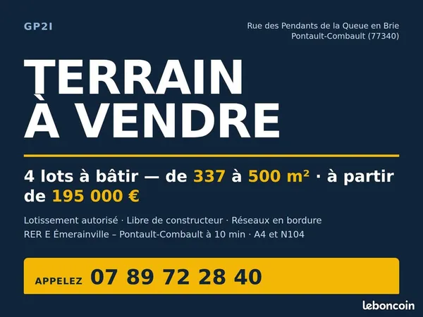 Terrain à bâtir 337 m² — Pontault-Combault — prêt à construire, RER E à 10 min