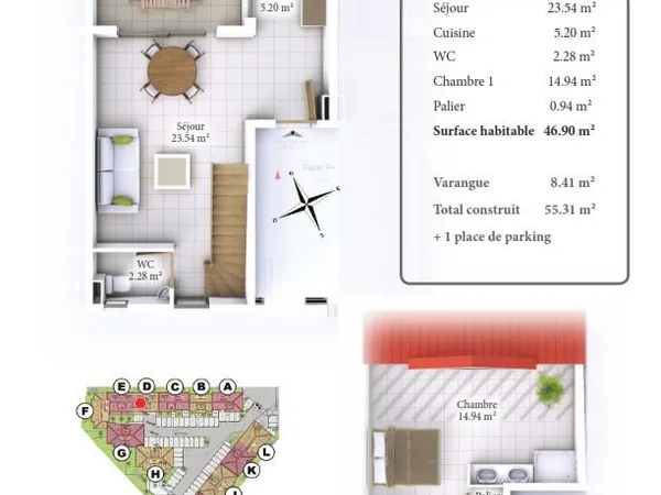 Duplex 2 pièces 46 m²