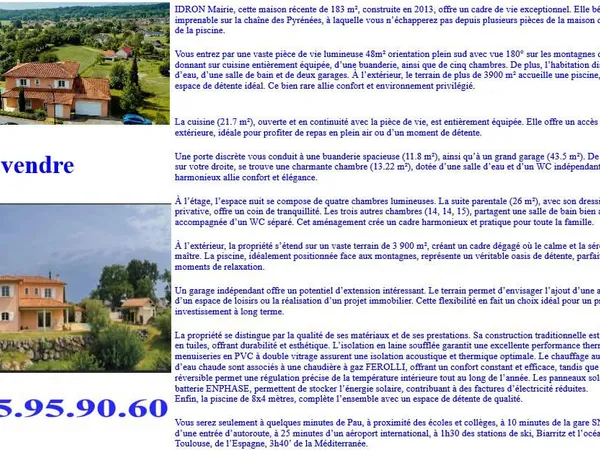 Vends maison tout confort vue chaîne Pyrénées imprenable - 183m²