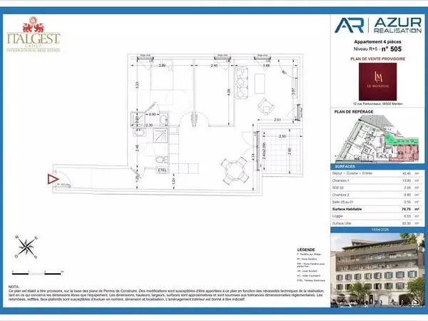 Le Mondial, prestigieux quatre‑pièces de 76,75 m², au cinquième étage, avec loggia ensoleillée et ma