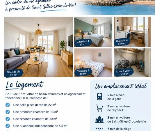 A l'année - Charmant T3 67m² - Centre de St Hilaire