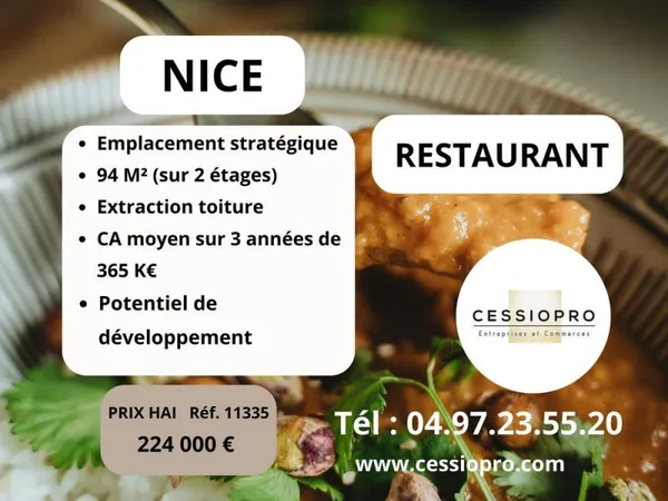 À vendre : Fonds de commerce Restaurant, avec solide réputation au Vieux Nice 365 k€ de CA moyen sur