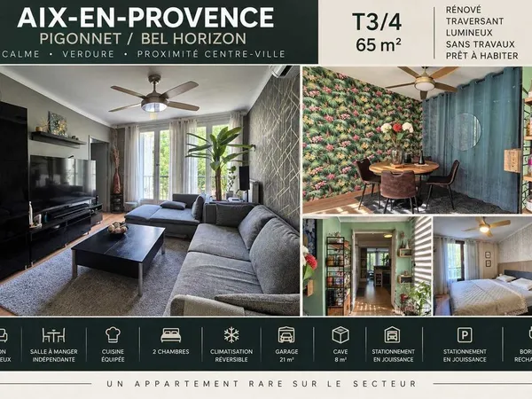 Aix-en-Provence €" Pigonnet / Jean Giono T3/4 rénové 65 m² €¢ Grand garage 21 m² avec borne VE €¢ Ca