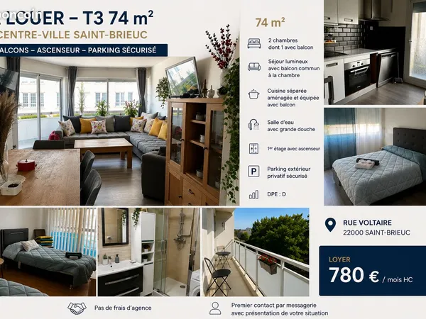 T3 74 m² - Centre-ville Saint-Brieuc - Balcons, ascenseur et parking sécurisé