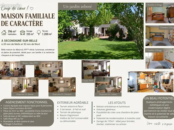 Maison familiale 196m² - 4 chambres - Garage de 155m² - Terrain de 1 200m²