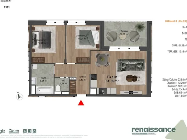 Résidence RENAISSANCE Appartement F3 neuf Lot D101