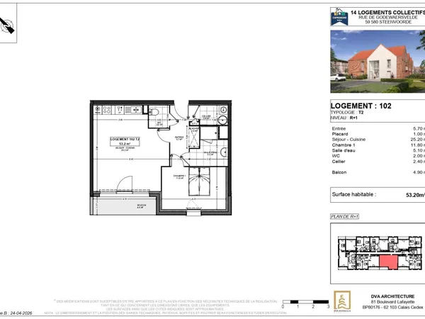 Appartement T2 Steenvoorde 53m² situé au 1er étage avec balcon exposé Sud / Ouest