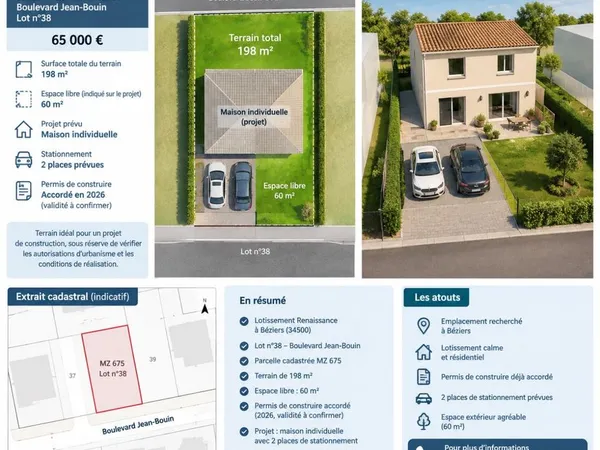 Terrain constructible de 198 m² à Béziers - 65 000 - Permis de construire accordé