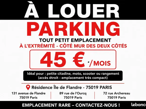 Petit parking à louer Paris 19 - Métro Crimée - 45 /mois