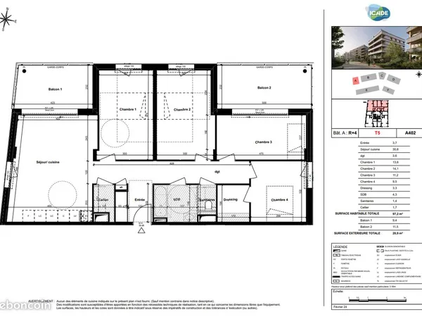 Appartement 5 pièces 97 m² avec 2 balcons - Cognin