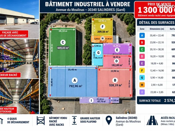 Bâtiment industriel 2 574 m² - Terrain 7 500 m² - Loué - Alès / Salindres