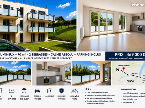 T3 lumineux 70 m² - 2 terrasses - calme absolu - parking - Ferney-Voltaire / Genève